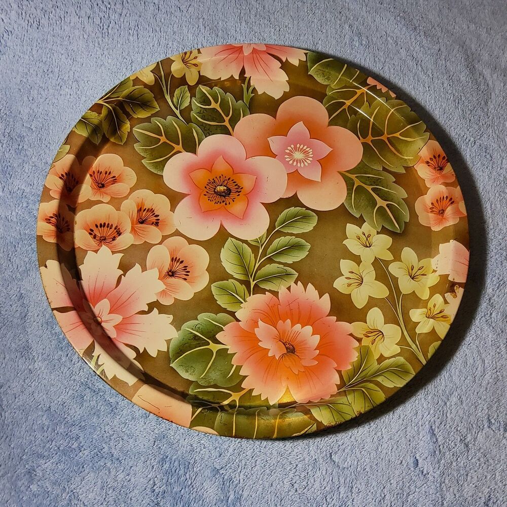 Vintage Elite Trays Metal Tray Mfg Co London Pink Floral Tin Serving Tray 12.5"